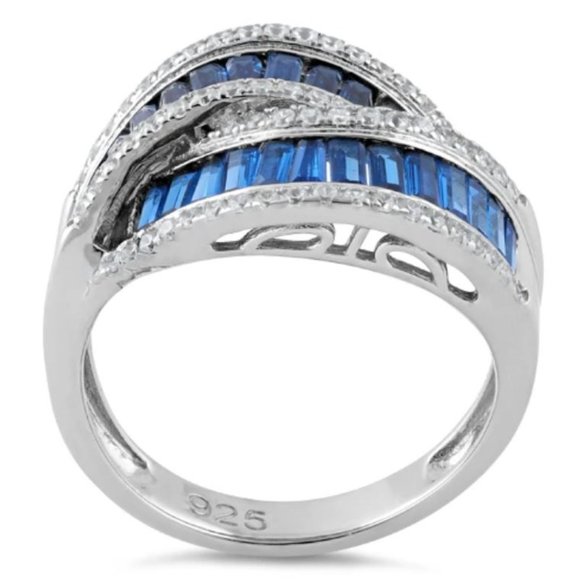 925 STERLING SILVER Blue Spinel & Cubic Zirconia Crossover Ring - Picture 14 of 15